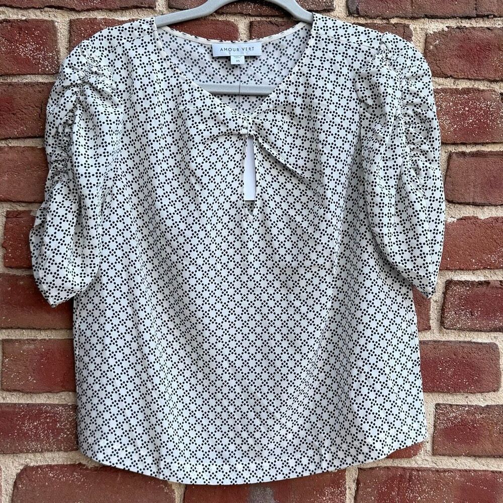 Amour Vert Womens Lina Dot Ruched Puffed Sleeve Fayette Silk Blouse White XS NWT